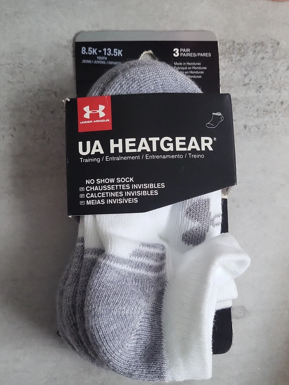 Under Armour UA HeatGear No-Show Athletic Socks — White & Gray (3-Pack) Kids